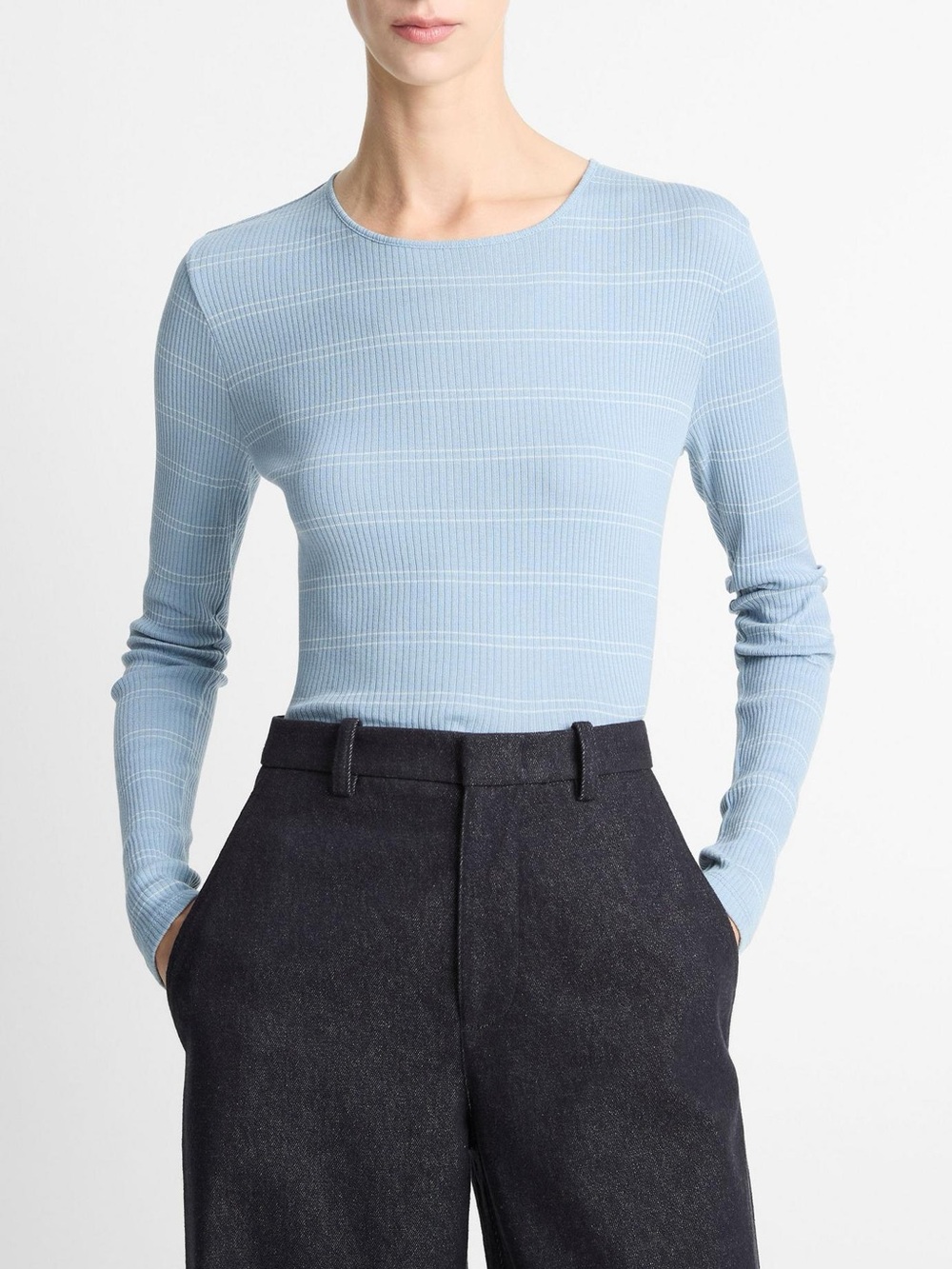 BNWT Vince Striped Ribbed Pima Cotton Long-Sleeve T-Shirt, XS